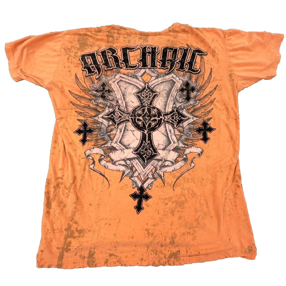 Archaic Shirt Men 3XL XXXL Orange Tee Cross Spell Out MMA Fighter Cyber Punk  *